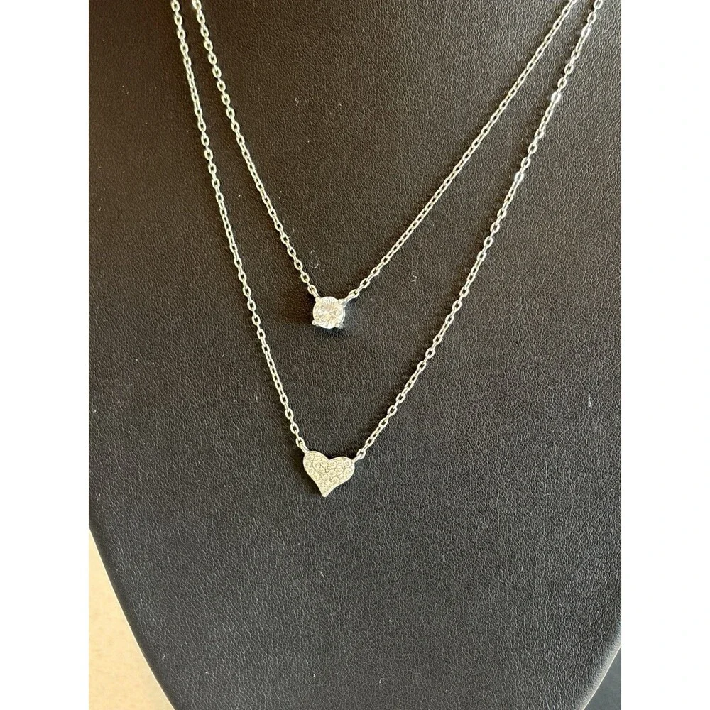 925 Sterling Silver Layered Necklace Crystal Heart & Pendant Dainty